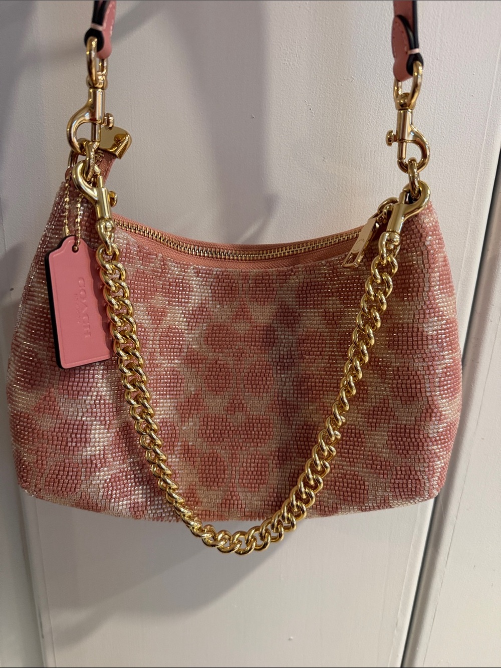 Coach Pink Teri Shoulder Bag in Signature Beaded Satin